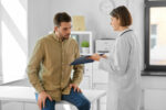 A man discusses his bladder cancer risk with his doctor.