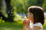 A child blowing ragweed flower outside in the spring, causing allergies due to allergen exposure.