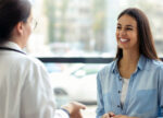 A woman learns about a new migraine treatment option called cgrp.